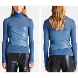 Nanushka Kynlee Turtleneck Top Blue Vegan Leather‎ Wrap Long Sleeve Size XS